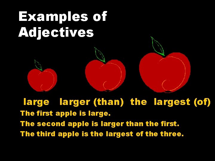Examples of Adjectives larger (than) the largest (of) The first apple is large. The