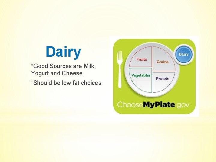 Dairy *Good Sources are Milk, Yogurt and Cheese *Should be low fat choices 