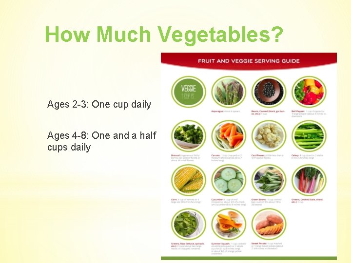 How Much Vegetables? Ages 2 -3: One cup daily Ages 4 -8: One and