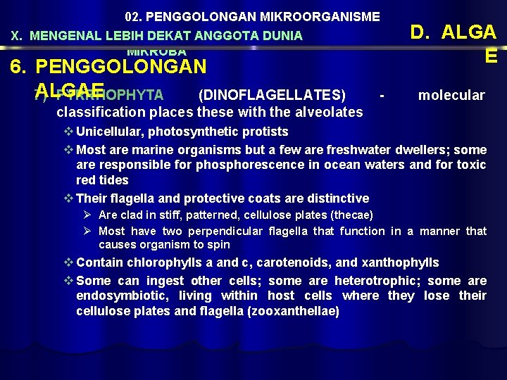 02. PENGGOLONGAN MIKROORGANISME X. MENGENAL LEBIH DEKAT ANGGOTA DUNIA MIKROBA 6. PENGGOLONGAN ALGAE 7)