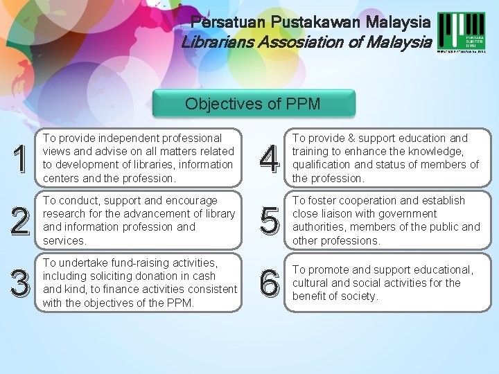 Persatuan Pustakawan Malaysia Librarians Assosiation of Malaysia Objectives of PPM 1 To provide independent