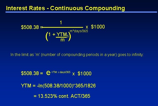 Interest Rates - Continuous Compounding 1 $508. 38 = x $1000 m*days/365 (1 +