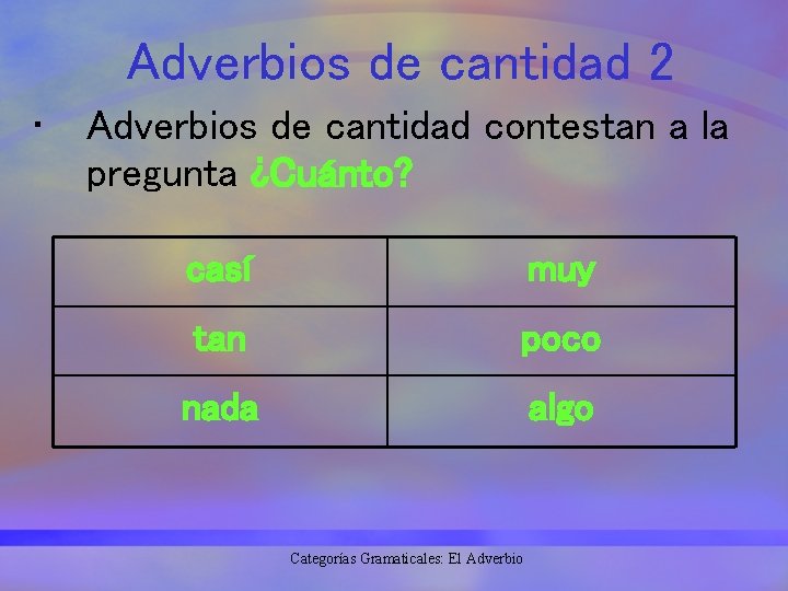 Adverbios de cantidad 2 • Adverbios de cantidad contestan a la pregunta ¿Cuánto? casí
