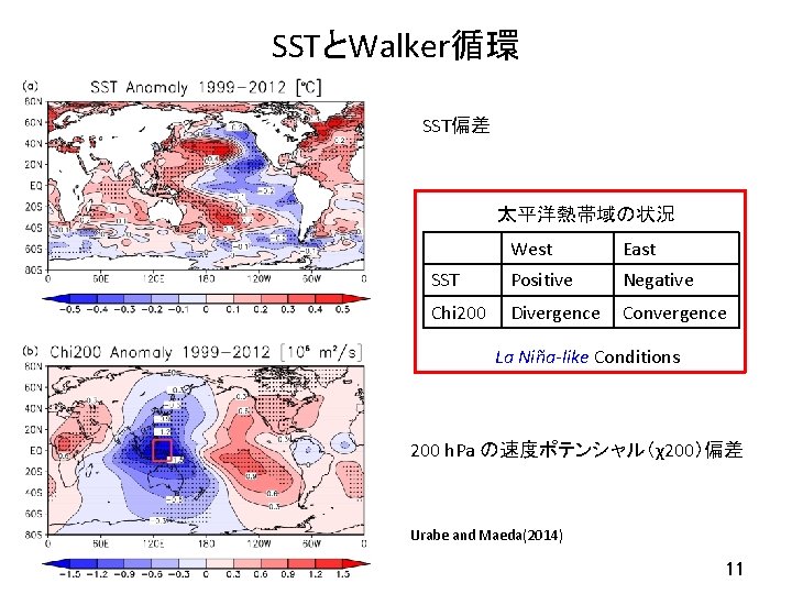 SSTとWalker循環 SST偏差 太平洋熱帯域の状況 West East SST Positive Negative Chi 200 Divergence Convergence La Niña-like