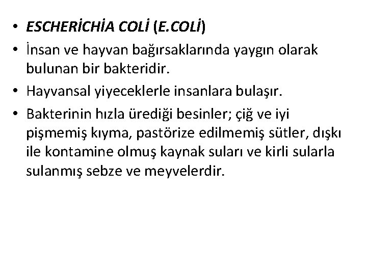  • ESCHERİCHİA COLİ (E. COLİ) • İnsan ve hayvan bağırsaklarında yaygın olarak bulunan