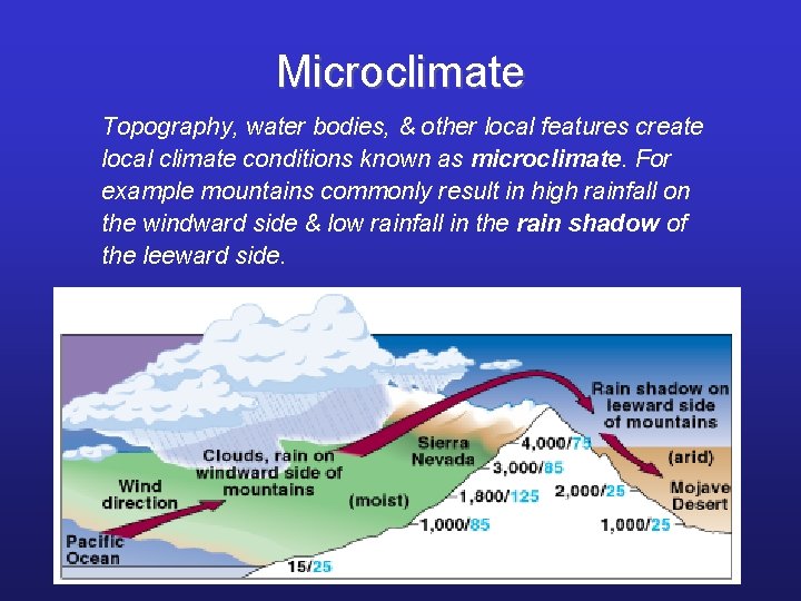 Microclimate Topography, water bodies, & other local features create local climate conditions known as