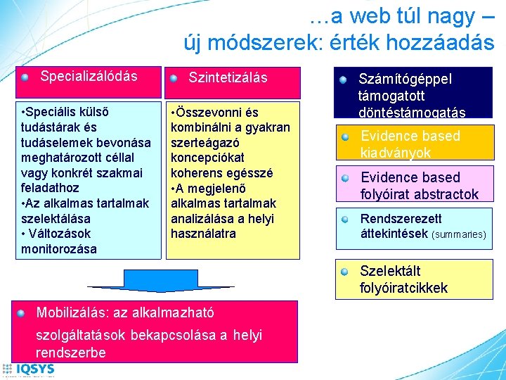 …a web túl nagy – új módszerek: érték hozzáadás Specializálódás • Speciális külső tudástárak