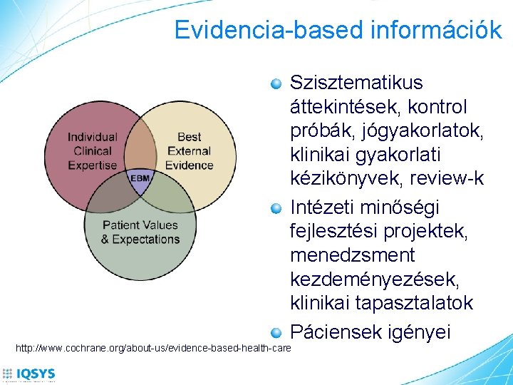 Evidencia-based információk Szisztematikus áttekintések, kontrol próbák, jógyakorlatok, klinikai gyakorlati kézikönyvek, review-k Intézeti minőségi fejlesztési