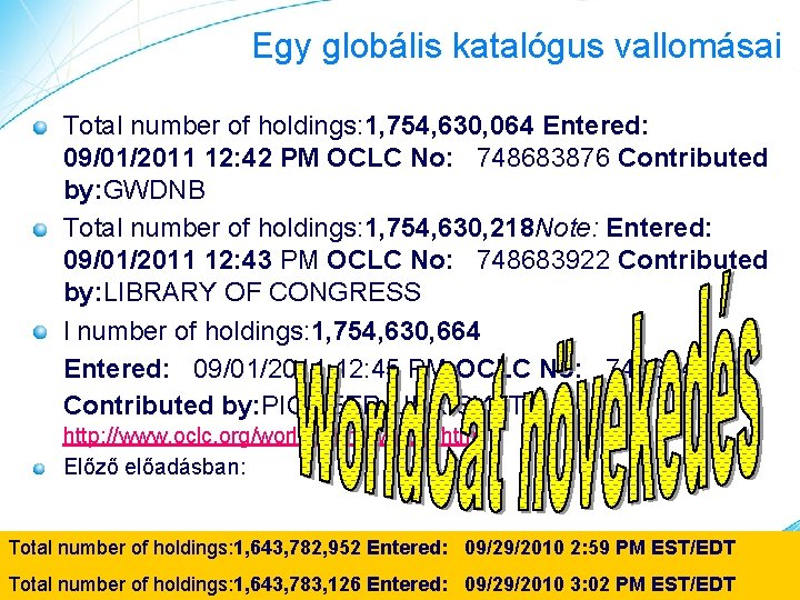 Egy globális katalógus vallomásai Total number of holdings: 1, 754, 630, 064 Entered: 09/01/2011