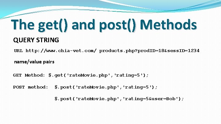 The get() and post() Methods QUERY STRING URL http: //www. chia-vet. com/ products. php?