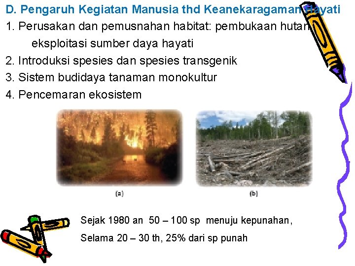 D. Pengaruh Kegiatan Manusia thd Keanekaragaman Hayati 1. Perusakan dan pemusnahan habitat: pembukaan hutan,