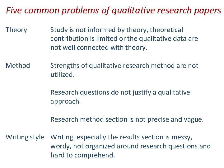 Five common problems of qualitative research papers Theory Study is not informed by theory,