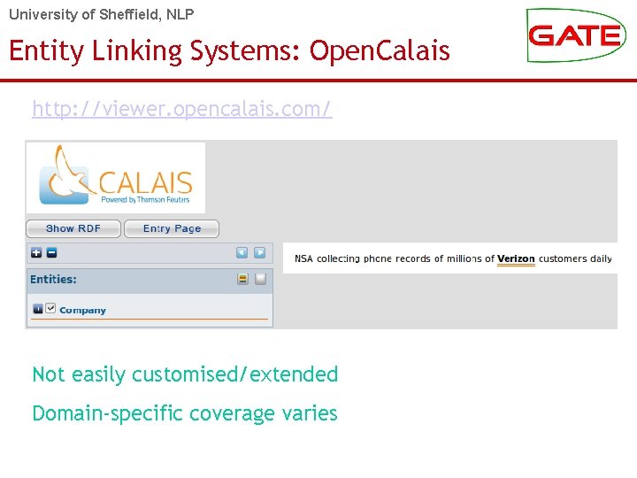 University of Sheffield, NLP Entity Linking Systems: Open. Calais http: //viewer. opencalais. com/ Not