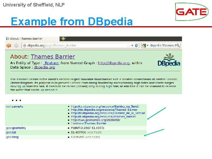 University of Sheffield, NLP Example from DBpedia … Links to Geo. Names And Freebase