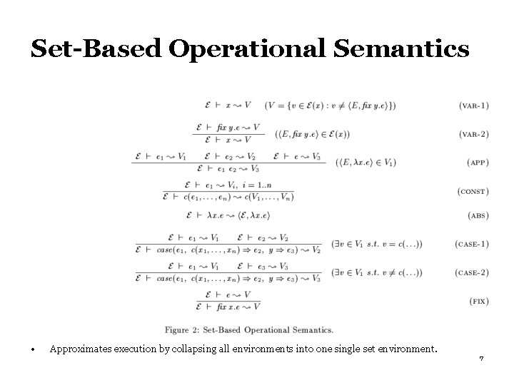 Set-Based Operational Semantics • Approximates execution by collapsing all environments into one single set