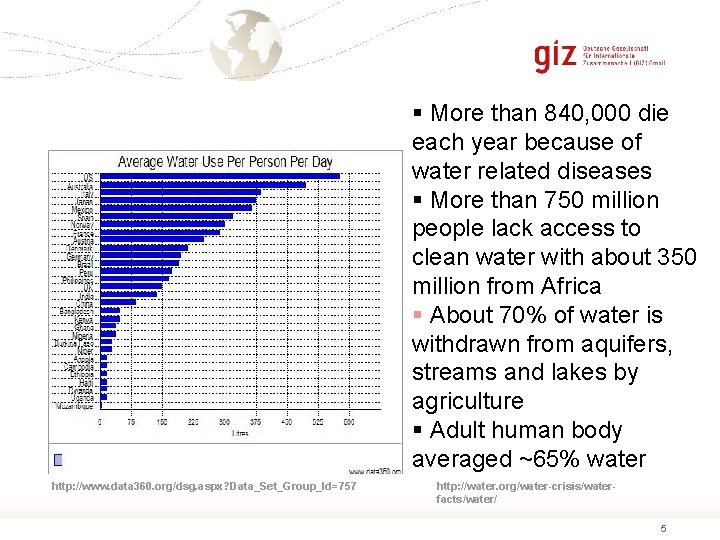 § More than 840, 000 die each year because of water related diseases §