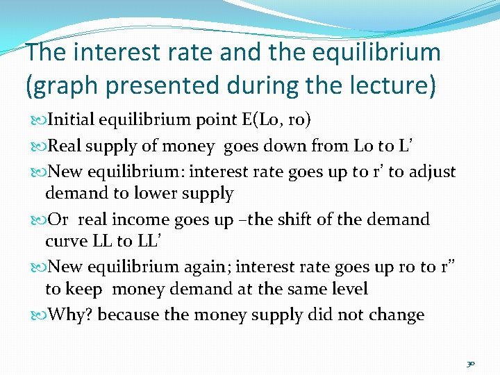 The interest rate and the equilibrium (graph presented during the lecture) Initial equilibrium point