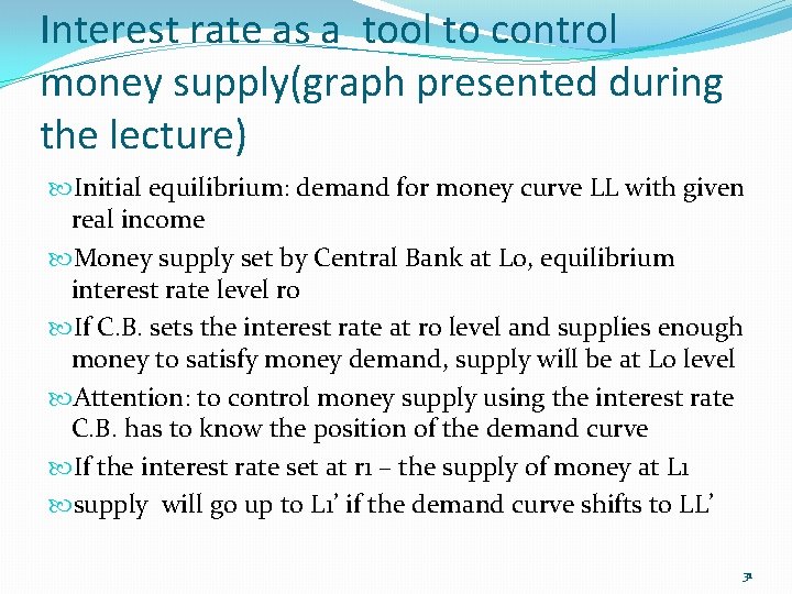 Interest rate as a tool to control money supply(graph presented during the lecture) Initial