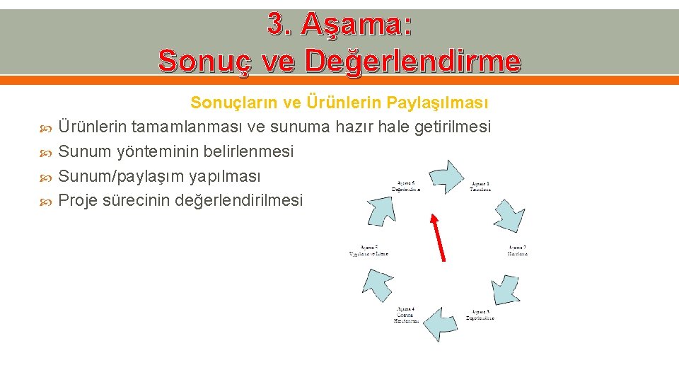 3. Aşama: Sonuç ve Değerlendirme Sonuçların ve Ürünlerin Paylaşılması Ürünlerin tamamlanması ve sunuma hazır