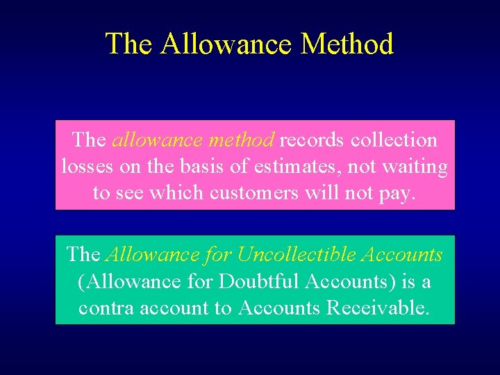 The Allowance Method The allowance method records collection losses on the basis of estimates,