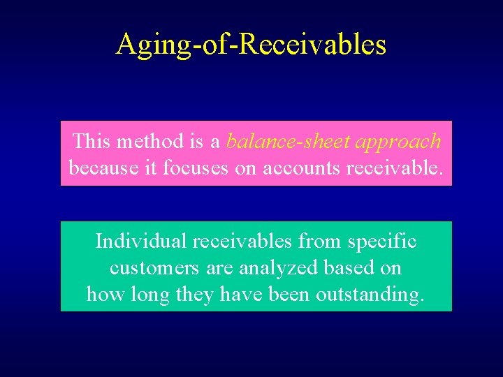 Aging-of-Receivables This method is a balance-sheet approach because it focuses on accounts receivable. Individual