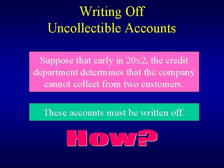 Writing Off Uncollectible Accounts Suppose that early in 20 x 2, the credit department