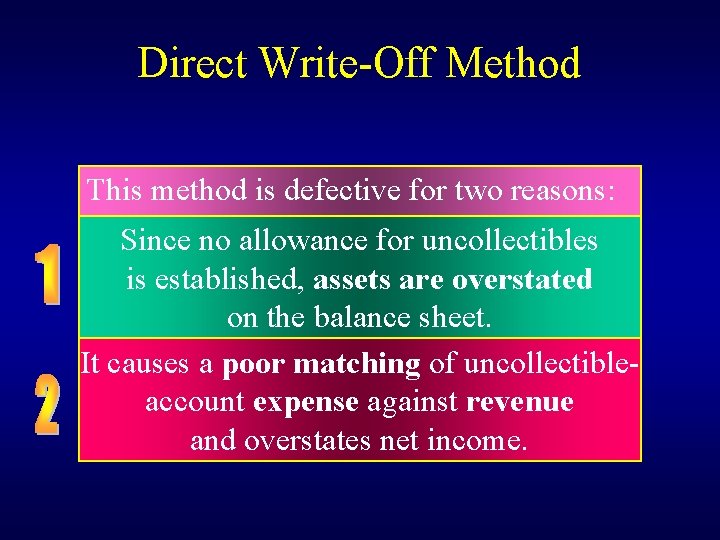 Direct Write-Off Method This method is defective for two reasons: Since no allowance for