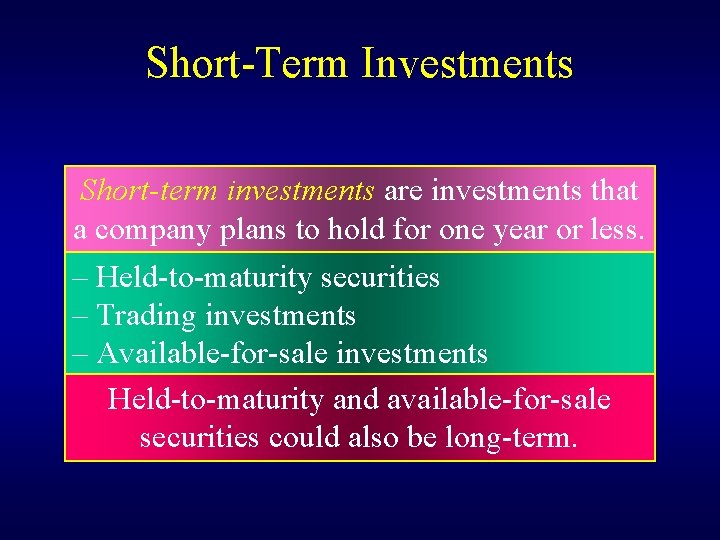 Short-Term Investments Short-term investments are investments that a company plans to hold for one