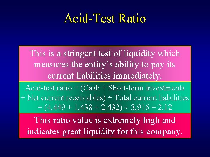 Acid-Test Ratio This is a stringent test of liquidity which measures the entity’s ability