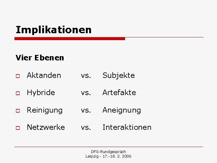 Implikationen Vier Ebenen o Aktanden vs. Subjekte o Hybride vs. Artefakte o Reinigung vs.