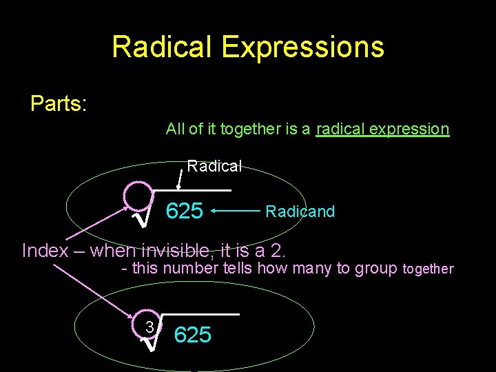 Radical Expressions Parts: All of it together is a radical expression Radical 625 Radicand