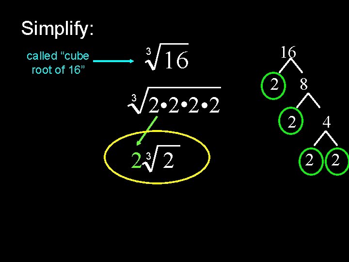 Simplify: 3 called “cube root of 16” 3 16 2 • 2 • 2