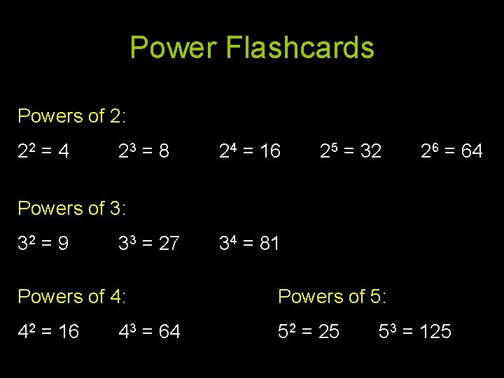 Power Flashcards Powers of 2: 22 = 4 23 = 8 24 = 16