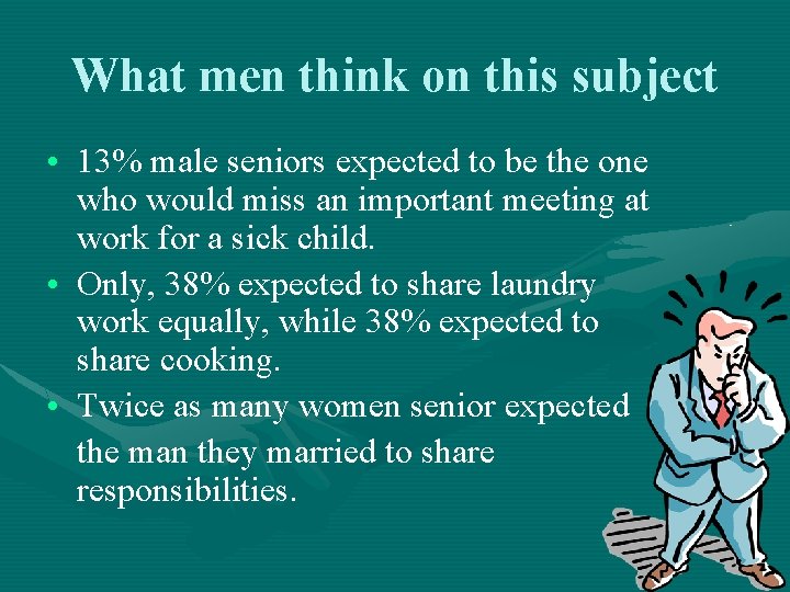 What men think on this subject • 13% male seniors expected to be the