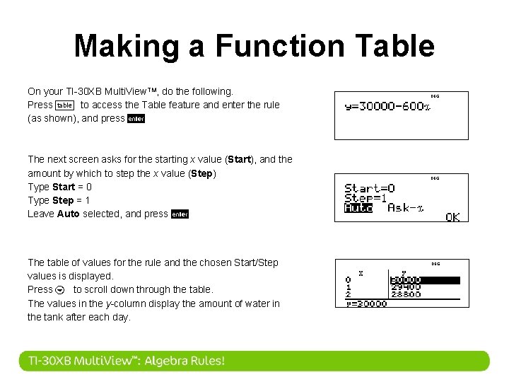 Making a Function Table On your TI-30 XB Multi. View. TM, do the following.