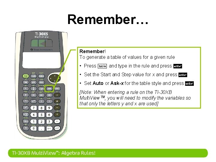 Remember… Remember! To generate a table of values for a given rule • Press