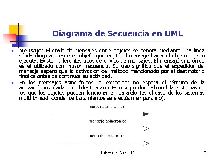 Diagrama de Secuencia en UML n n Mensaje: El envío de mensajes entre objetos