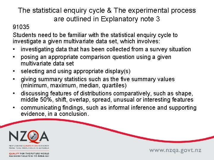 The statistical enquiry cycle & The experimental process are outlined in Explanatory note 3