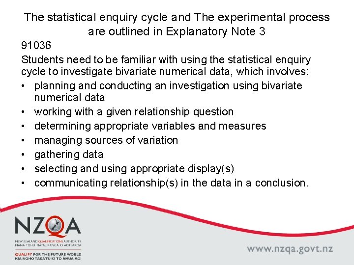 The statistical enquiry cycle and The experimental process are outlined in Explanatory Note 3