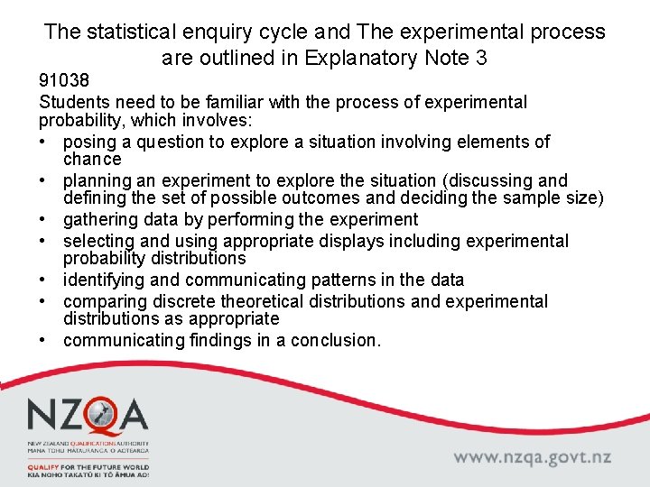 The statistical enquiry cycle and The experimental process are outlined in Explanatory Note 3