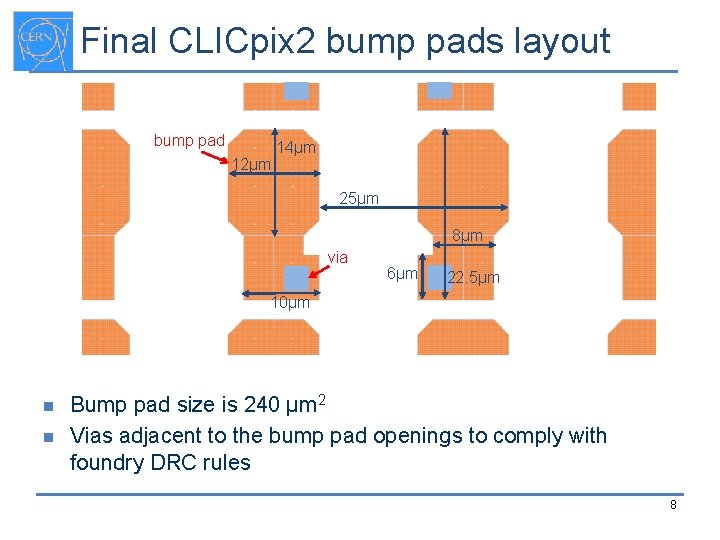 Final CLICpix 2 bump pads layout bump pad 12µm 14µm 25µm 8µm via 6µm
