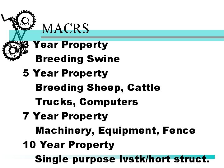 MACRS 3 Year Property Breeding Swine 5 Year Property Breeding Sheep, Cattle Trucks, Computers