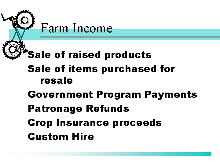 Farm Income Sale of raised products Sale of items purchased for resale Government Program