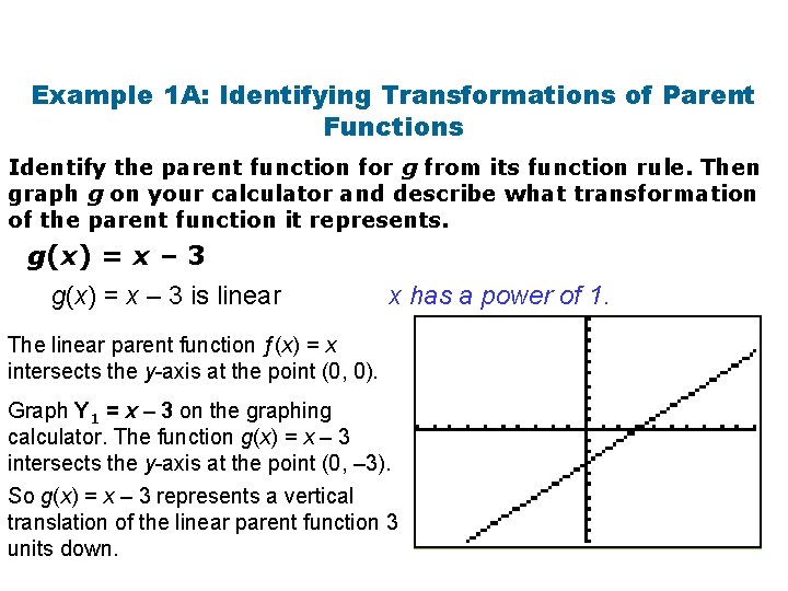 Example 1 A: Identifying Transformations of Parent Functions Identify the parent function for g