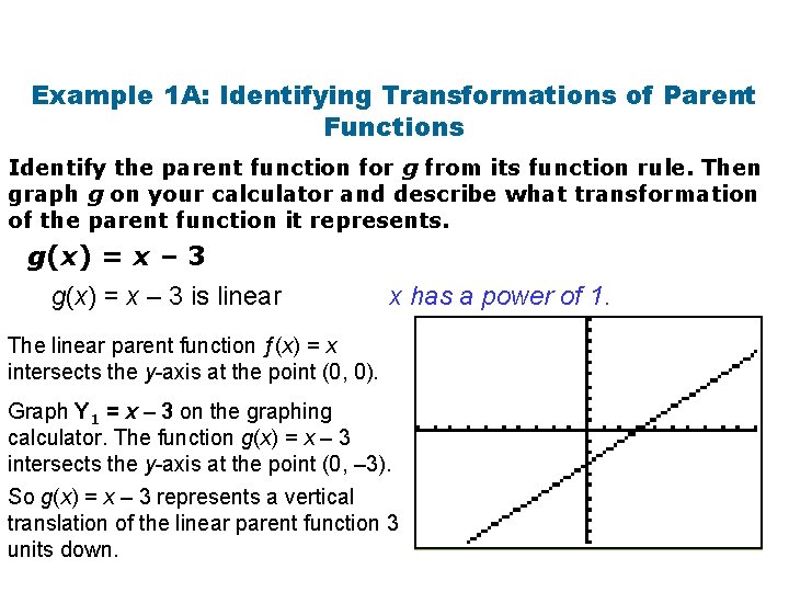 Example 1 A: Identifying Transformations of Parent Functions Identify the parent function for g