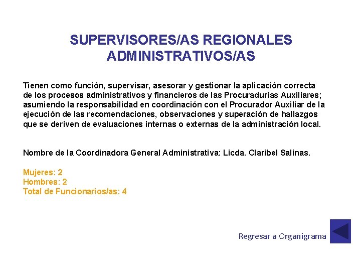 SUPERVISORES/AS REGIONALES ADMINISTRATIVOS/AS Tienen como función, supervisar, asesorar y gestionar la aplicación correcta de