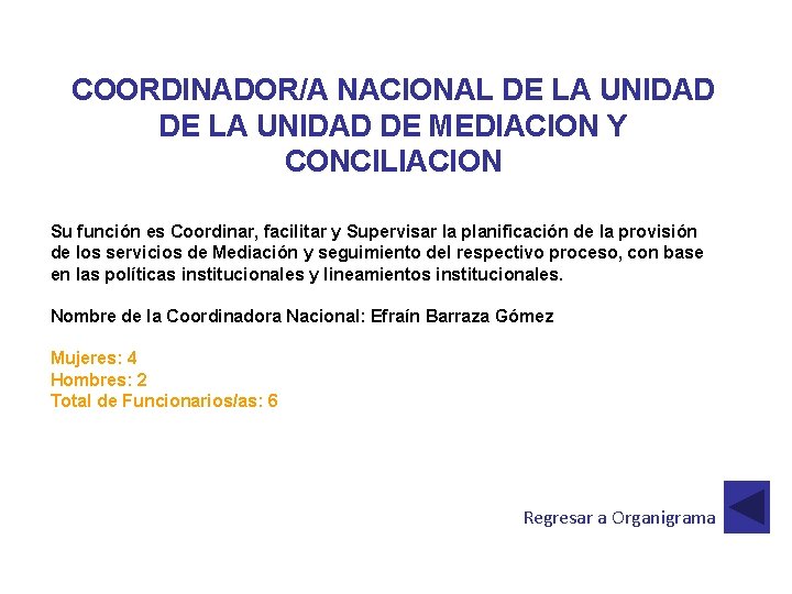 COORDINADOR/A NACIONAL DE LA UNIDAD DE MEDIACION Y CONCILIACION Su función es Coordinar, facilitar