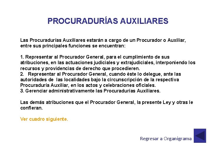 PROCURADURÍAS AUXILIARES Las Procuradurías Auxiliares estarán a cargo de un Procurador o Auxiliar, entre