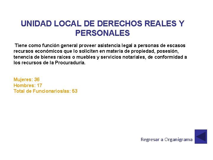 UNIDAD LOCAL DE DERECHOS REALES Y PERSONALES Tiene como función general proveer asistencia legal