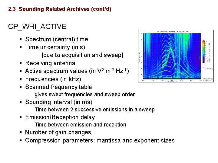 2. 3 Sounding Related Archives (cont’d) CP_WHI_ACTIVE § Spectrum (central) time § Time uncertainty